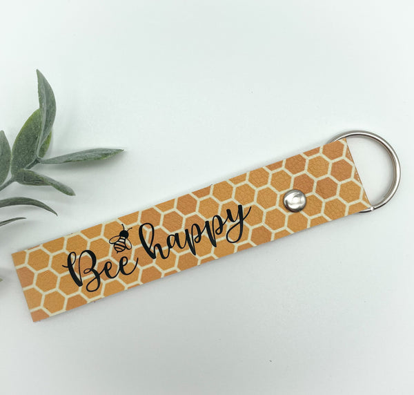 Bee Happy Faux Leather Keychain