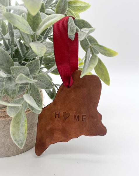 Hand-Stamped Leather Ornament, Maine